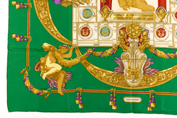 Hermes Silk Scarf Carre 90 "HOMMAGE A CHARLES GARNIER" Green Silk Scarf - Image 5