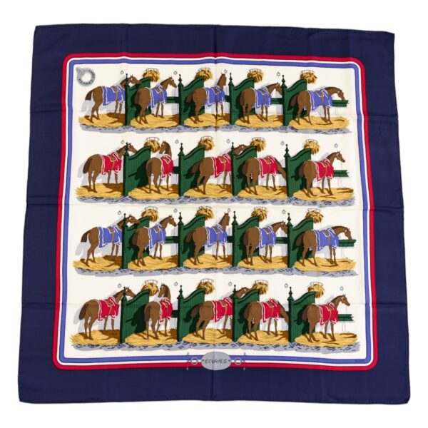 Hermes Silk Scarf Carre 90 "ECURIES" Blue Silk Scarf