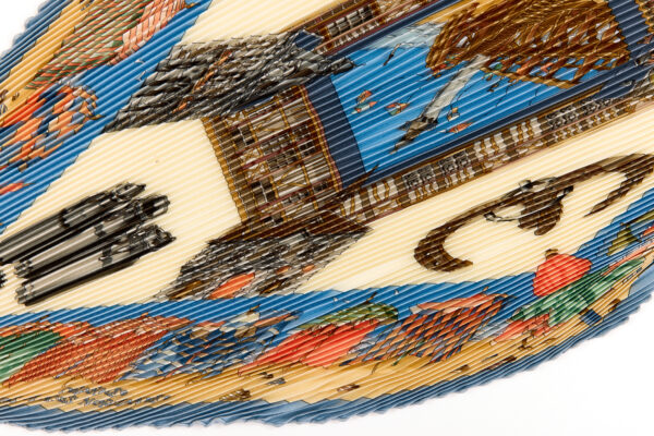 Hermes Silk Scarf Carre 90 "CHARMES DES PLAGES NORMANDES" Blue Silk Pleats Scarf with Box - Image 6