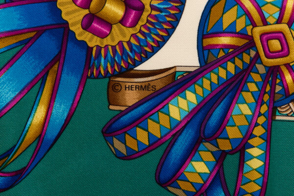Hermes Silk Scarf Carre 90 "Les Rubans du Cheval" Green Silk Scarf - Image 7