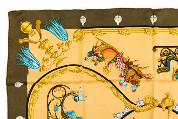 Hermes Silk Scarf Carre 90 "PLUMES ET GRELOTS" Green Silk Scarf - Image 2