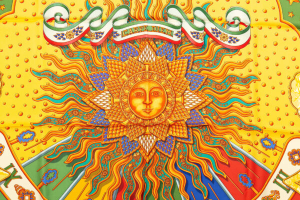 Hermes Scarf 90 "CARPE DIEM" Yellow, Multi Color 100% Silk Scarf 35" - Image 4