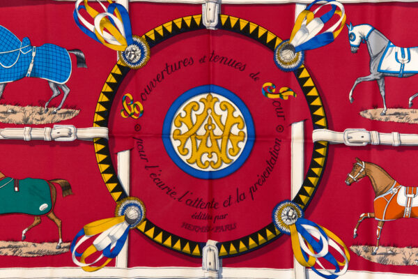 Hermes Silk Scarf Carre 90 "Couvertures et Tenues de Jour" Red Silk Scarf - Image 4