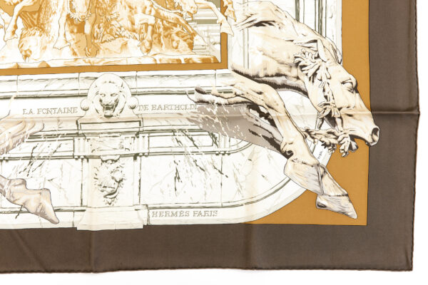Hermes Silk Scarf Carre 90 "LA FONTAINE DE BARTHOLDI" Brown Silk Scarf - Image 6