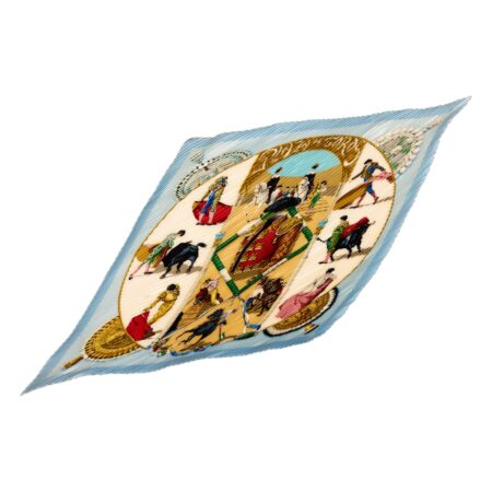 Hermes Silk Scarf Carre 90 "PLAZA DE TOROS" Blue Silk Pleats Scarf