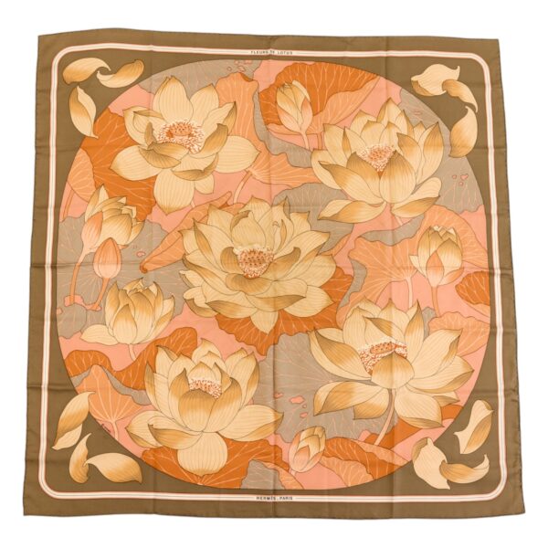Hermes Silk Scarf Carre 90 "FLEURS DE LOTUS" Brown Silk Scarf