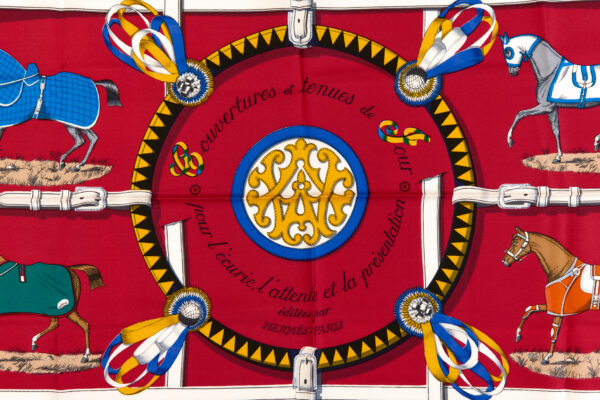 Hermes Silk Scarf Carre 90 "Couvertures et Tenues de Jour" Red Silk Scarf - Image 4