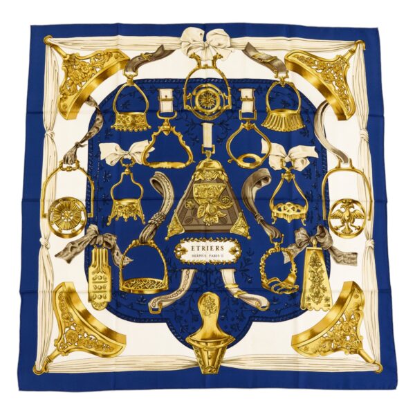 Hermes Silk Scarf Carre 90 "ETRIERS" Blue Silk Scarf