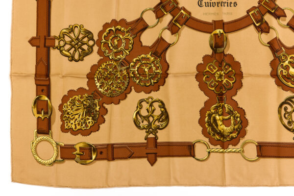 Hermes Silk Scarf Carre 90 "Cuivreries" Brown Silk Scarf - Image 5