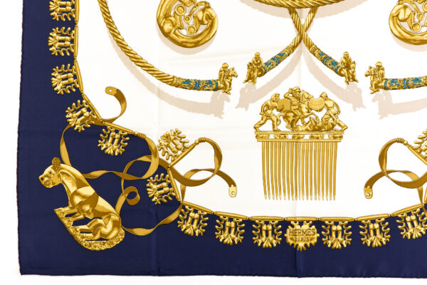 Hermes Silk Scarf Carre 90 "LES CAVALIERS D’OR" Blue Silk Scarf - Image 5