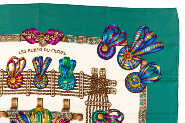 Hermes Silk Scarf Carre 90 "Les Rubans du Cheval" Green Silk Scarf - Image 3