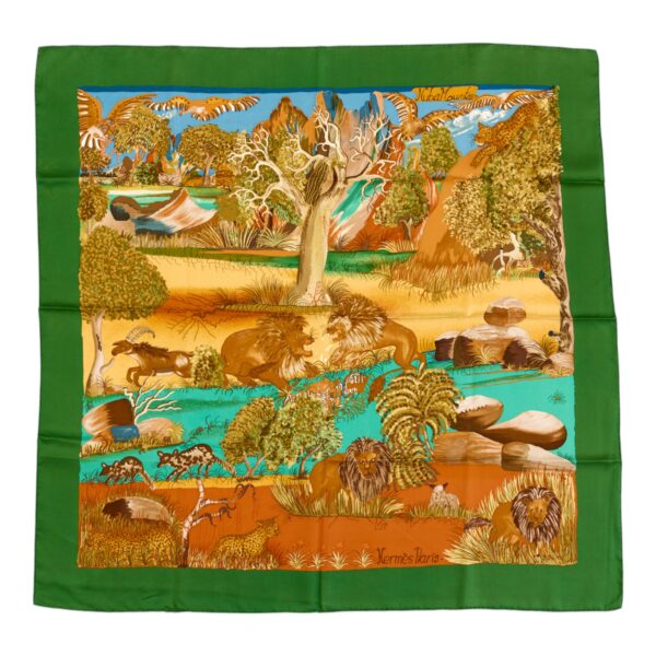Hermes Silk Scarf Carre 90 "Nuba Mountain" Green Silk Scarf