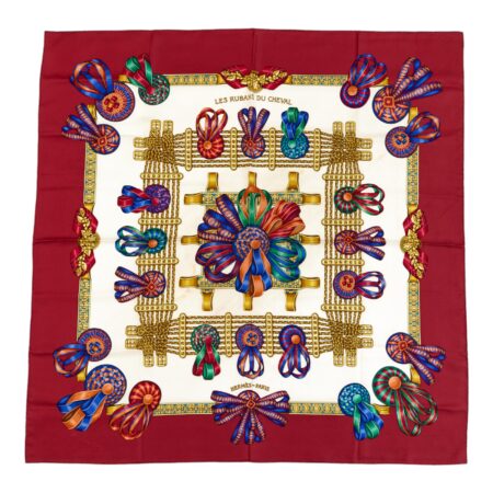 Hermes Silk Scarf Carre 90 "Les Rubans du Cheval" Red Silk Scarf