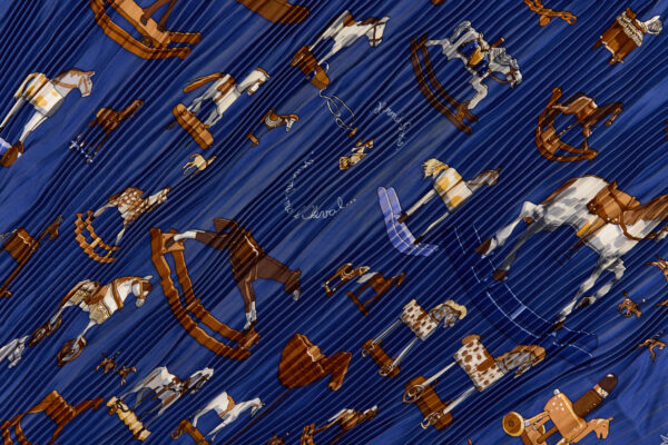 Hermes Silk Scarf Carre 90 "Raconte moi le Cheval" Blue Silk Pleats Scarf - Image 4