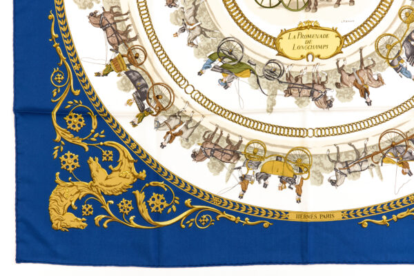 Hermes Silk Scarf Carre 90 "LA PROMENADE DE LONGCHAMPS" Blue Silk Scarf - Image 5
