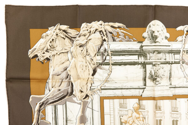 Hermes Silk Scarf Carre 90 "LA FONTAINE DE BARTHOLDI" Brown Silk Scarf - Image 2