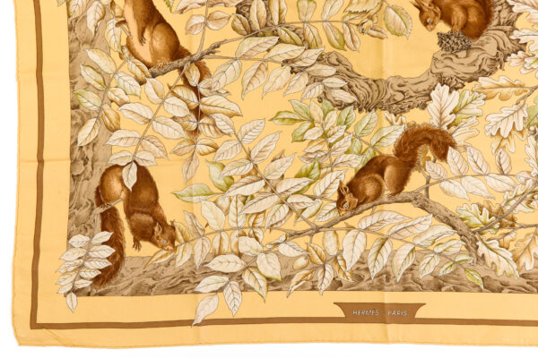 Hermes Silk Scarf Carre 90 "Casse Noisette Squirrel" Yellow Silk Scarf - Image 5