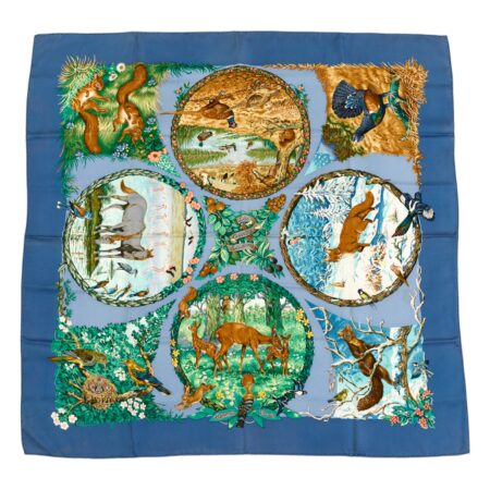 Hermes Silk Scarf Carre 90 "Les Quatre Saisons" Blue Silk Scarf