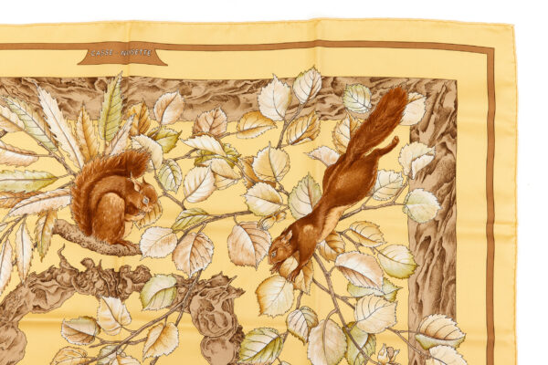 Hermes Silk Scarf Carre 90 "Casse Noisette Squirrel" Yellow Silk Scarf - Image 3
