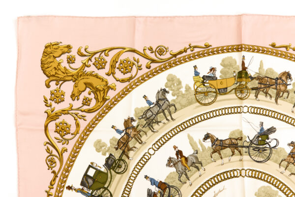 Hermes Silk Scarf Carre 90 "LA PROMENADE DE LONGCHAMPS" Pink Silk Scarf with Box - Image 3