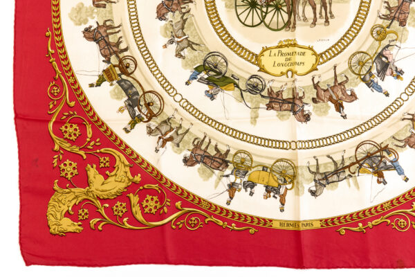 Hermes Silk Scarf Carre 90 "LA PROMENADE DE LONGCHAMPS" Red Silk Scarf - Image 5