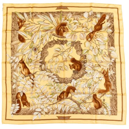 Hermes Silk Scarf Carre 90 "Casse Noisette Squirrel" Yellow Silk Scarf
