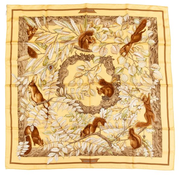 Hermes Silk Scarf Carre 90 "Casse Noisette Squirrel" Yellow Silk Scarf