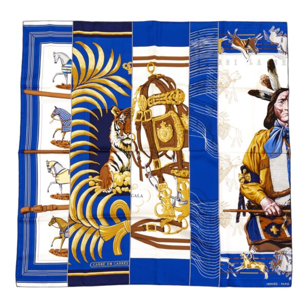 Rare! Hermes Silk Scarf Carre 90 "CARRE EN CARRES" Blue Silk Scarf