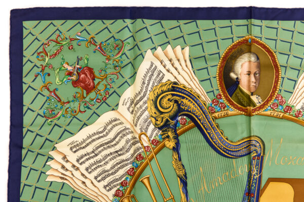 Bad! Hermes Silk Scarf Carre 90 "Wolfgang Amadeus Mozart" Green Silk Scarf - Image 2