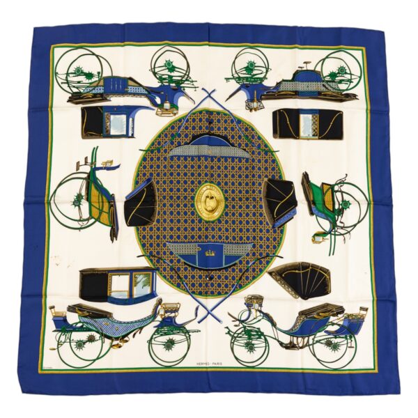Hermes Silk Scarf Carre 90 "Les Voitures a Transformation" Blue Silk Scarf