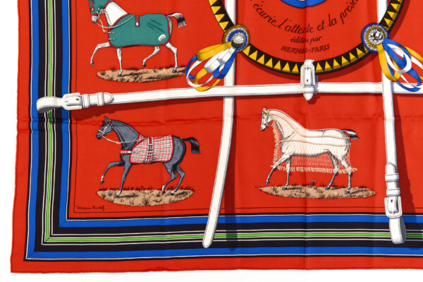 Hermes Silk Scarf Carre 90 "Couvertures et Tenues de Jour" Red Silk Scarf - Image 5
