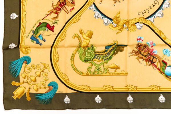 Hermes Silk Scarf Carre 90 "PLUMES ET GRELOTS" Green Silk Scarf - Image 5