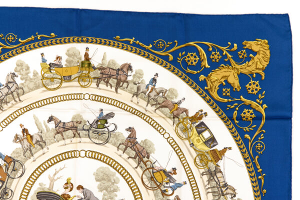 Hermes Silk Scarf Carre 90 "LA PROMENADE DE LONGCHAMPS" Blue Silk Scarf - Image 3