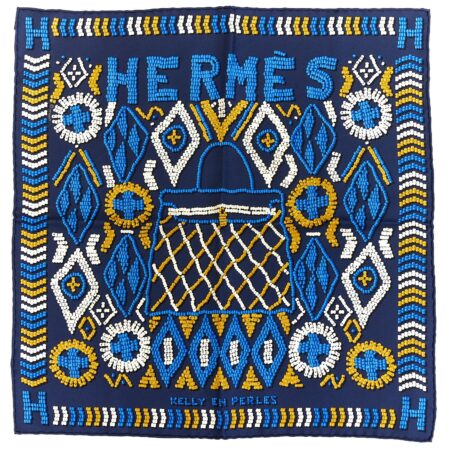 Hermes Carre 45 Scarf "KELLY EN PERLES" Blue Silk Scarf