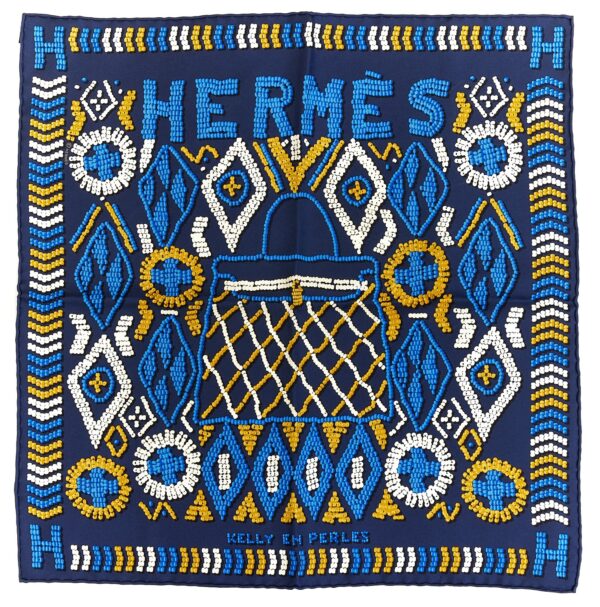Hermes Carre 45 Scarf "KELLY EN PERLES" Blue Silk Scarf
