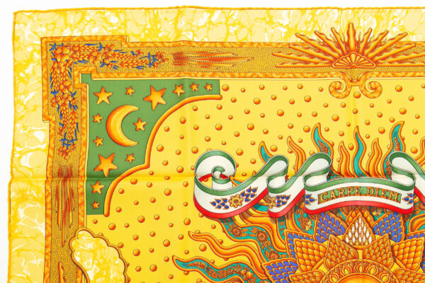 Hermes Scarf 90 "CARPE DIEM" Yellow, Multi Color 100% Silk Scarf 35" - Image 2