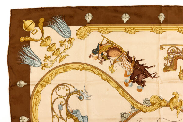 Hermes Silk Scarf Carre 90 "PLUMES ET GRELOTS" Brown Silk Scarf - Image 2