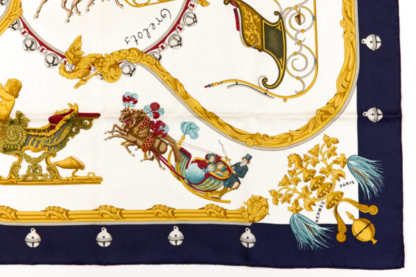 Hermes Silk Scarf Carre 90 "PLUMES ET GRELOTS" Blue Silk Scarf - Image 6
