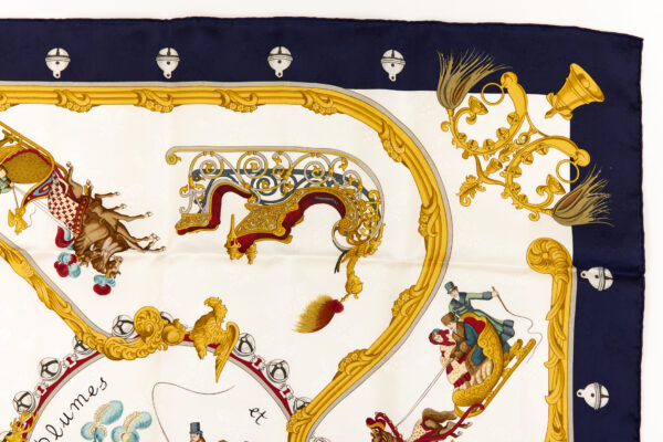 Hermes Silk Scarf Carre 90 "PLUMES ET GRELOTS" Blue Silk Scarf - Image 3