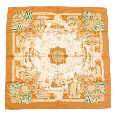 Hermes Silk Scarf Carre 90 "AZVLEJOS" Orange Beige Silk Scarf