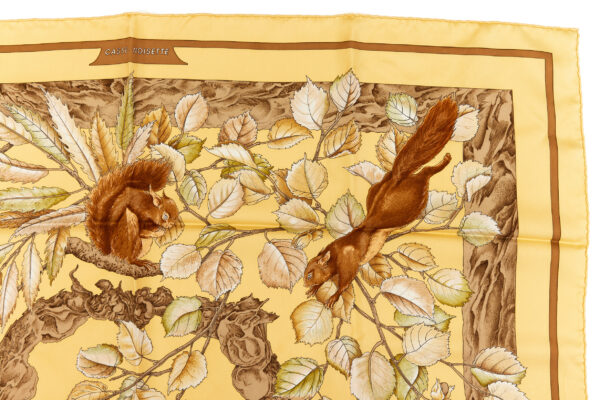 Hermes Silk Scarf Carre 90 "Casse Noisette Squirrel" Yellow Silk Scarf - Image 3