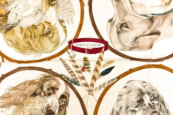 Hermes Silk Scarf Carre 90 "CHIENS AU RAPPORT" Purple Silk Scarf - Image 4