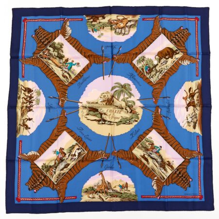 Hermes Silk Scarf Carre 90 "La Chasse en Afrique" Blue Silk Scarf