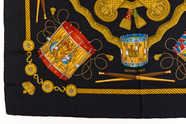 Hermes Silk Scarf Carre 90 "LES TAMBOURS" Black Silk Scarf - Image 5