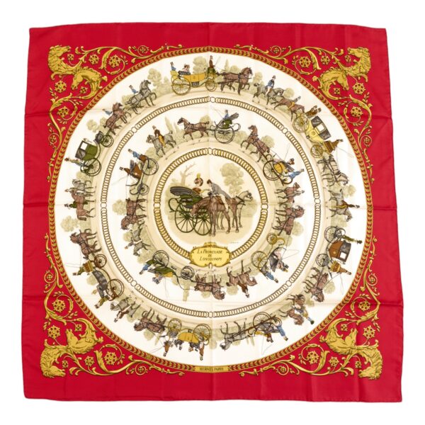 Hermes Silk Scarf Carre 90 "LA PROMENADE DE LONGCHAMPS" Red Silk Scarf
