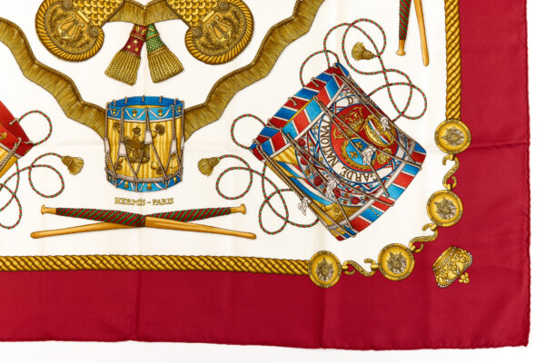 Hermes Silk Scarf Carre 90 "LES TAMBOURS" Red Silk Scarf - Image 6