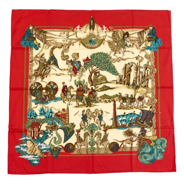 Hermes Silk Scarf Carre 90 "Au FIL de la SOIE" Red Silk Scarf