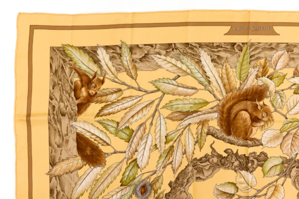Hermes Silk Scarf Carre 90 "Casse Noisette Squirrel" Yellow Silk Scarf - Image 2
