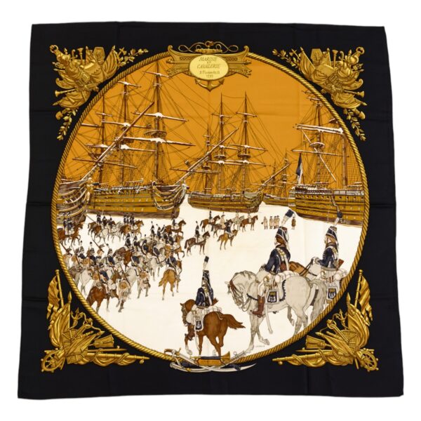 Hermes Silk Scarf Carre 90 "Marine et Cavalerie" Black Silk Scarf