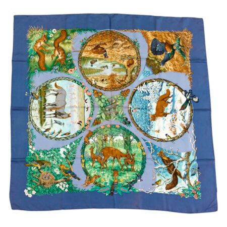 Hermes Silk Scarf Carre 90 "Les Quatre Saisons" Blue Silk Scarf